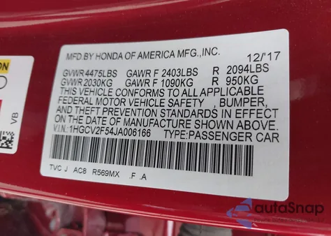 2018 Honda Accord Ex-L 2.0T z USA, uszkodzony, nr VIN 1HGCV2F54JA006166